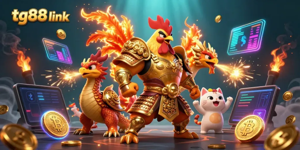 Join the excitement at tg88 link with vibrant gaming depiction featuring a fierce rooster warrior and dragon hatchling.