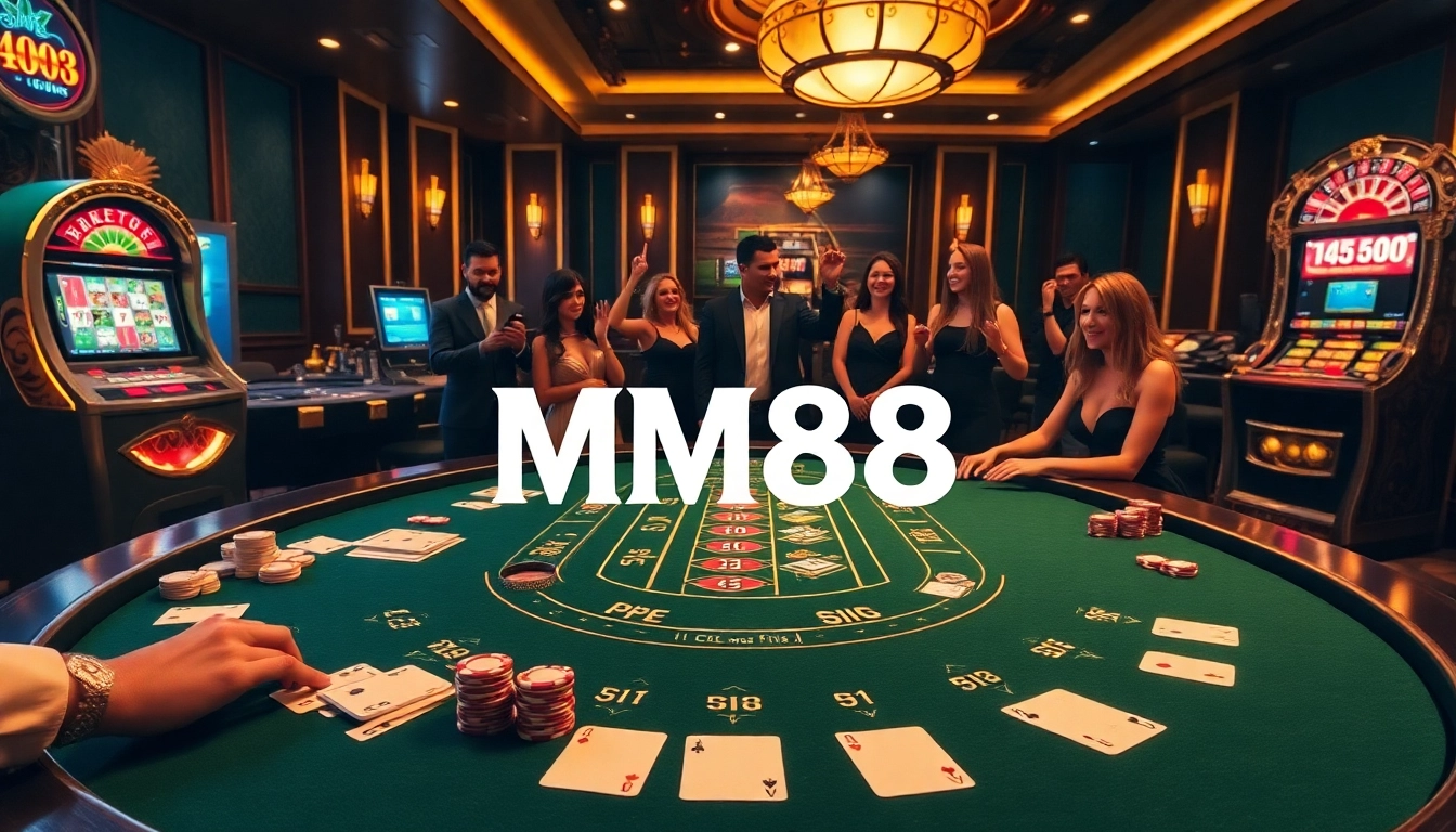 Experience excitement at MM88 with a luxurious casino scene featuring blackjack, roulette, and jubilant players.