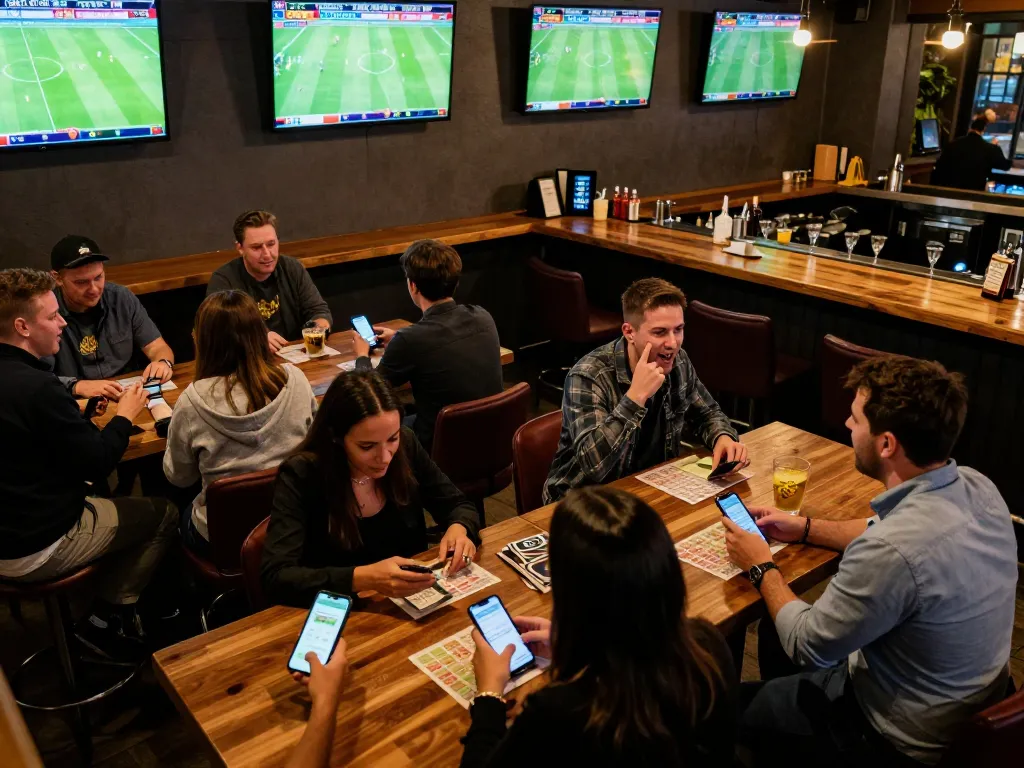Sports bar scene where fans enjoy watching live matches while placing xôi lạc bets, showcasing excitement and camaraderie