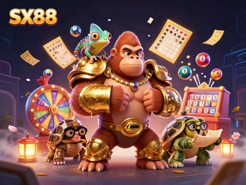 SX88 showcases a powerful gorilla king and colorful lottery elements for thrilling gaming adventures.