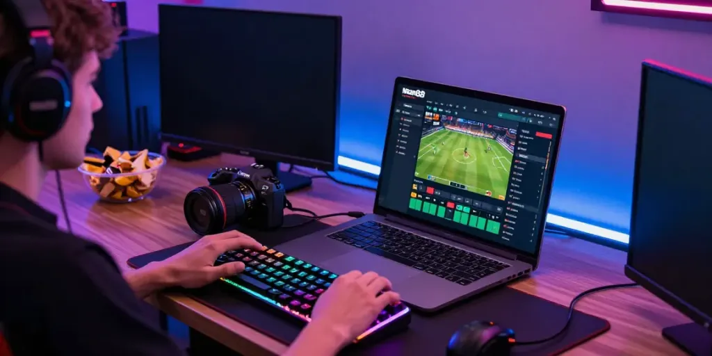 Engaging gaming setup featuring Man88 interface, modern laptop, accessories, and vibrant atmosphere.