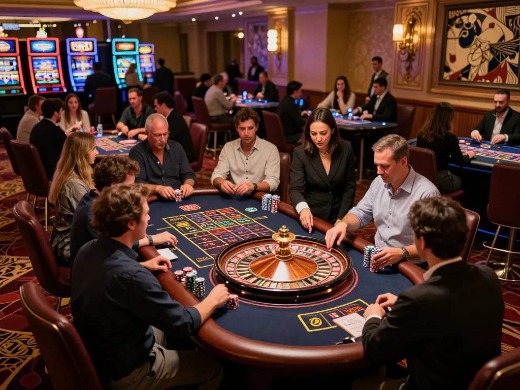 Players enjoying an exciting roulette game at NK88 casino, showcasing vibrant casino activity and luxurious atmosphere.