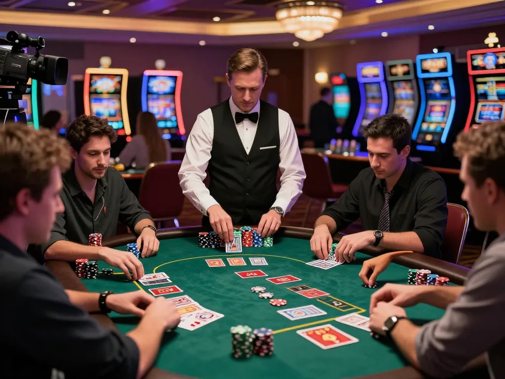 Players strategizing at a blackjack table with TR88 chips ready for betting, vibrant casino atmosphere.