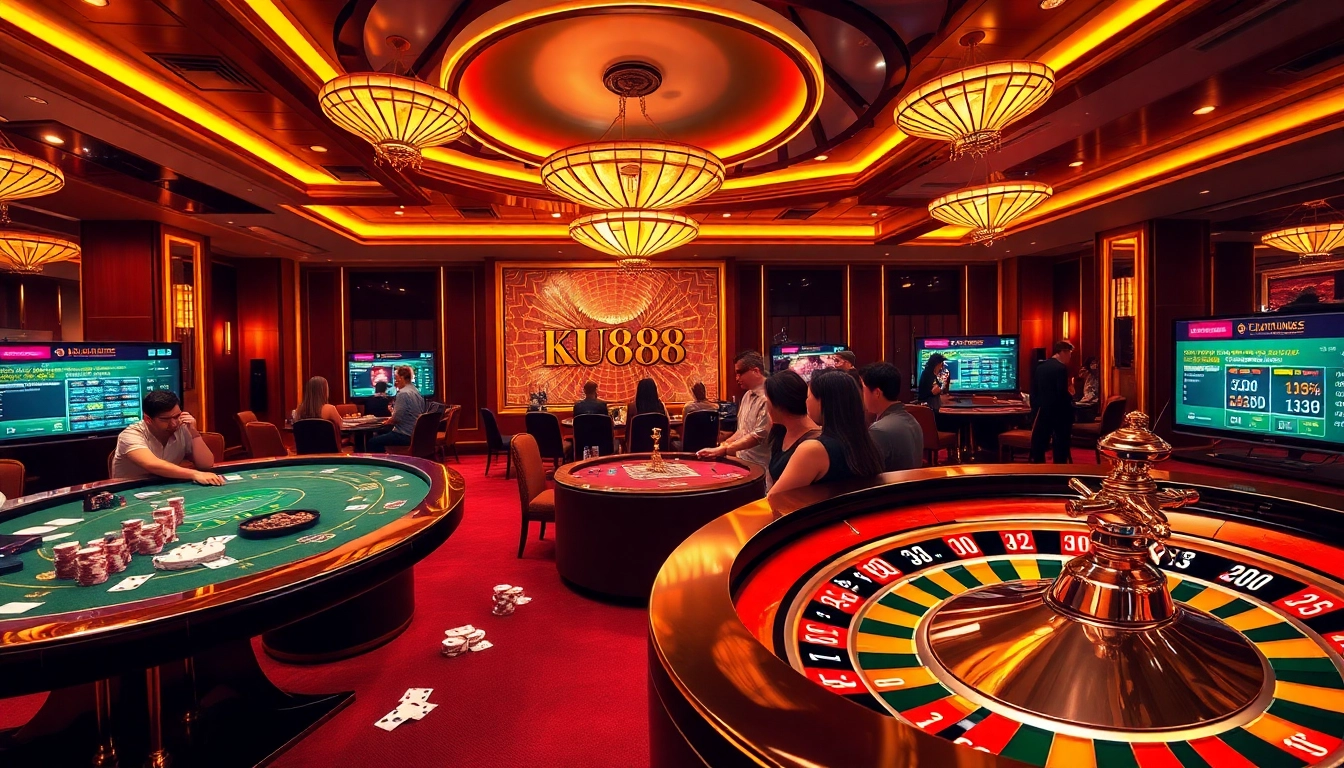 Players enjoy a thrilling moment at KU88 casino, engaging with vibrant games and a luxurious atmosphere.