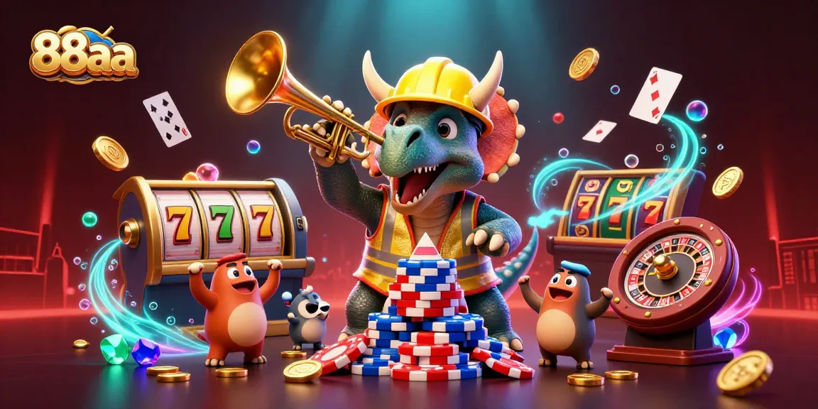 Join the excitement at 88aa with a cartoon triceratops building a pyramid of poker chips amidst vibrant casino elements.