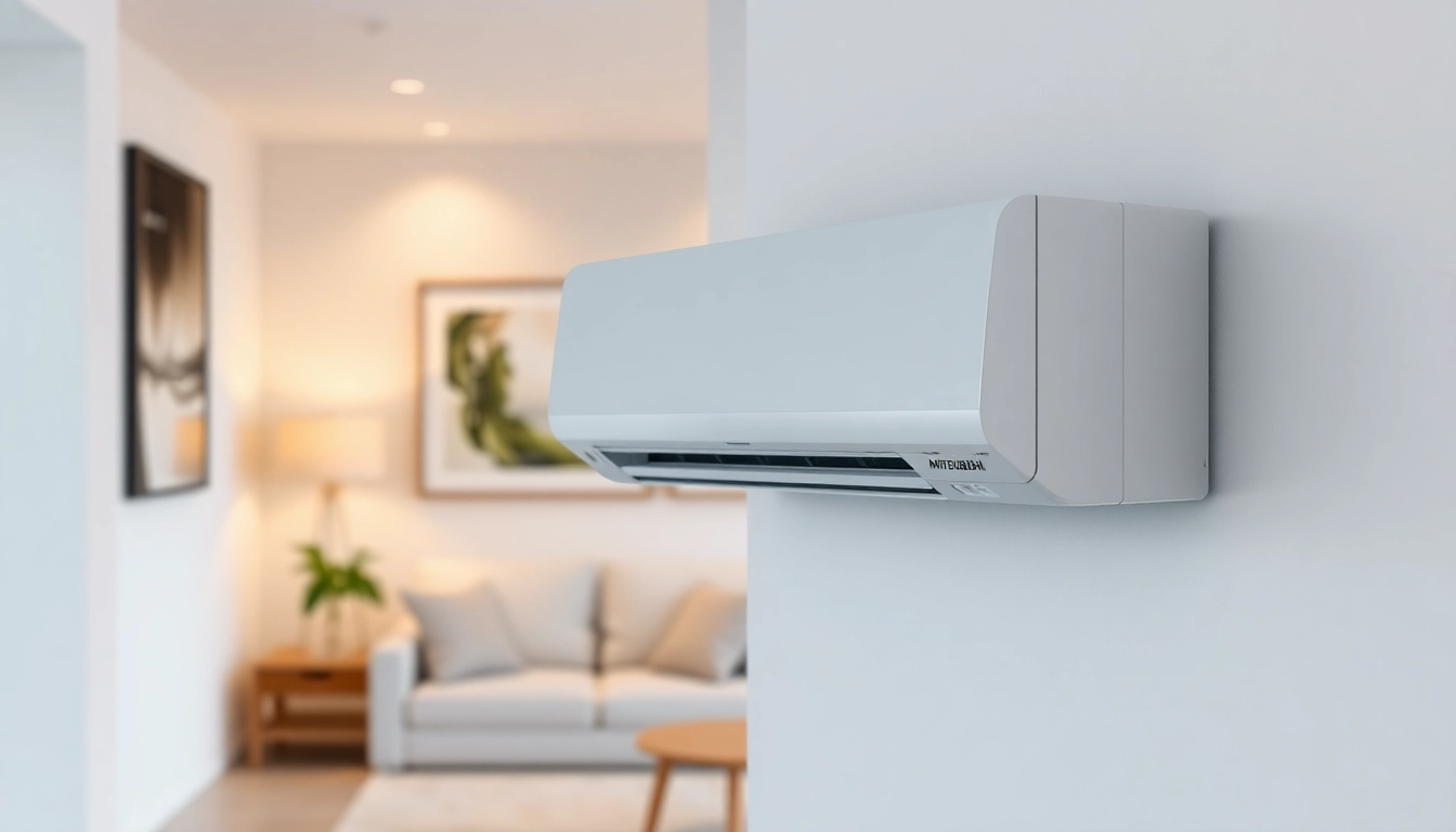 Showcase of a Mitsubishi mini split AC unit in a stylish living room setting.