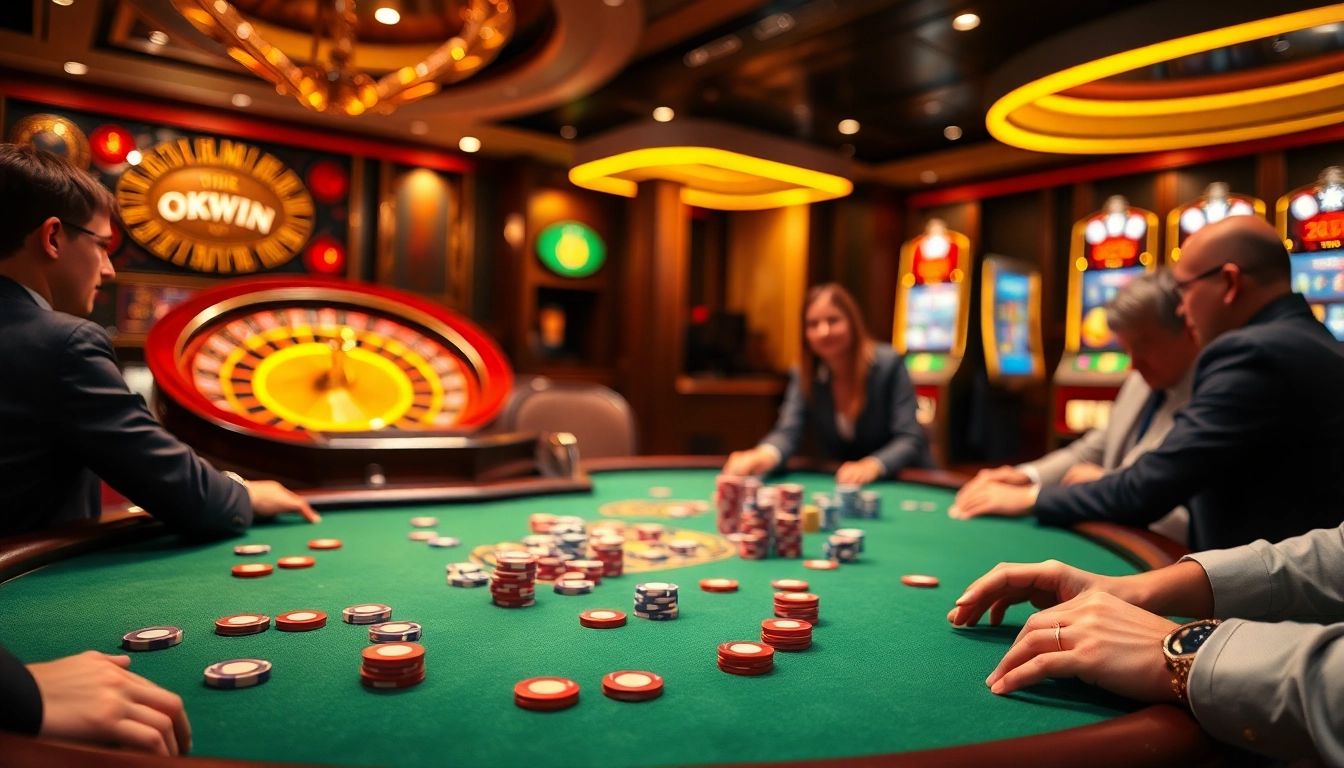 Experience the excitement of poker with okwin at this vibrant casino table.