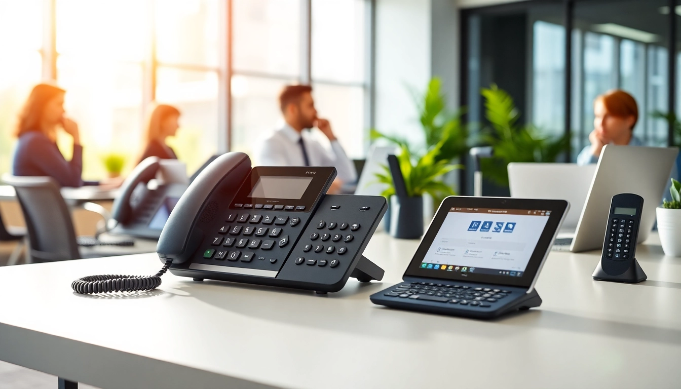 Showcasing diverse telephone systems in a modern office setting, highlighting usability and design.