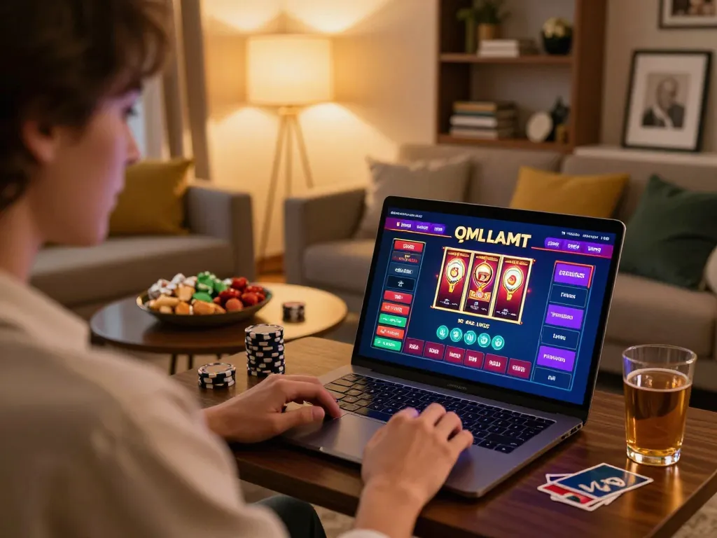 Oxbet online gambling scene with player enjoying poker and slot games, showcasing responsible gaming