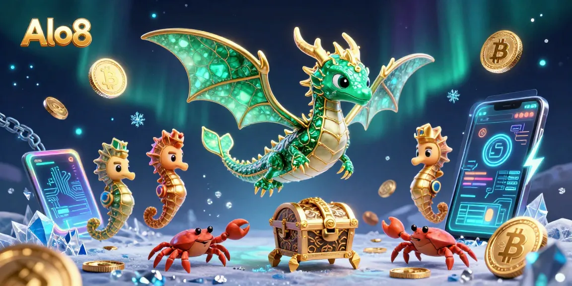 Alo8 offers a thrilling experience with a vibrant 3D dragon floating over vibrant digital gambling elements like coins and charts.