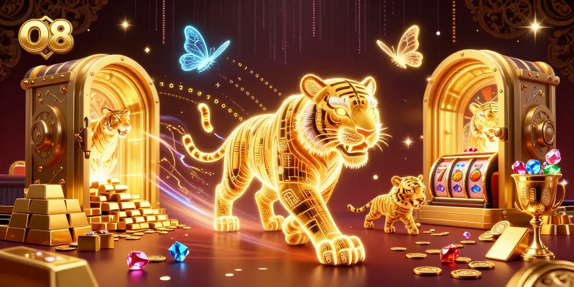 Engage in thrilling gameplay at O8 with a neon-light tiger in a vibrant digital casino.