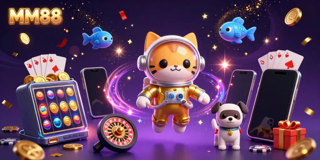 Experience thrilling gameplay at MM88 with floating astronaut kitten and robot dog in a cosmic casino adventure.