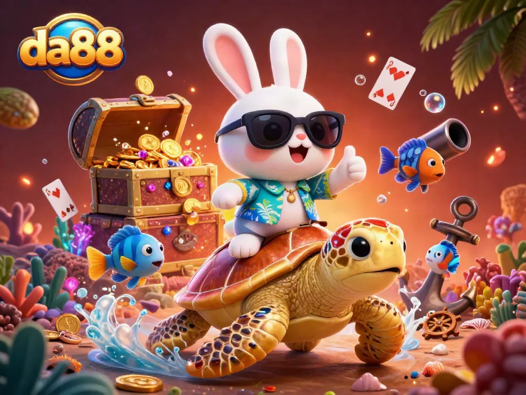 Experience da88's exciting gaming world with a charming rabbit and sea turtle amidst vibrant underwater treasures.
