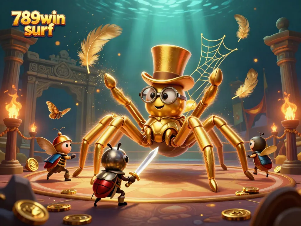 Experience thrills at 789win surf with a dynamic casino scene featuring a dancing tarantula and beetle knight.