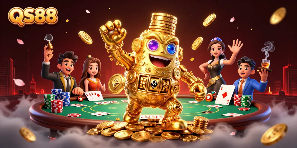 Engage with QS88's exciting casino action featuring golden golem and poker elements.