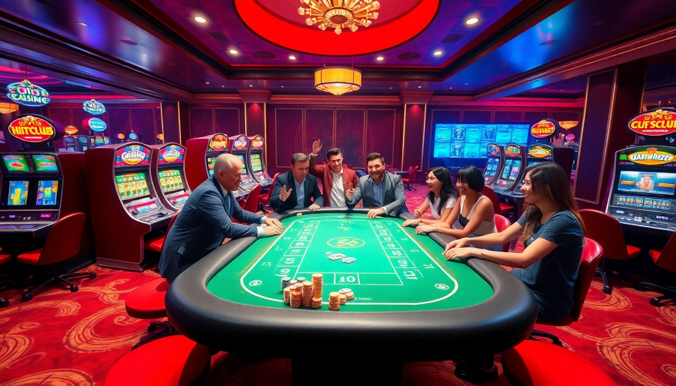 Players enjoying a thrilling Hitclub nổ hũ game at a colorful casino table with exciting elements.