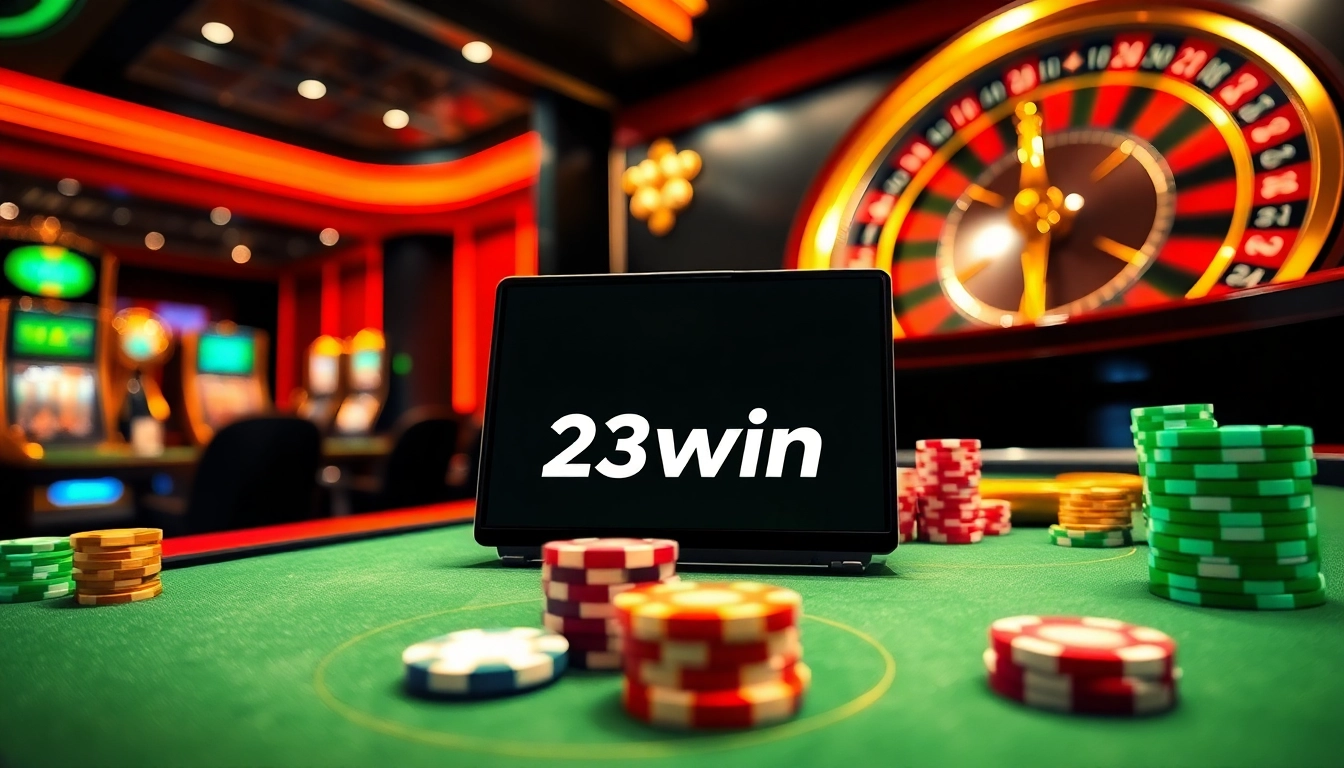 Action-packed gaming moment at 23win casino featuring vibrant slot machines and poker tables.