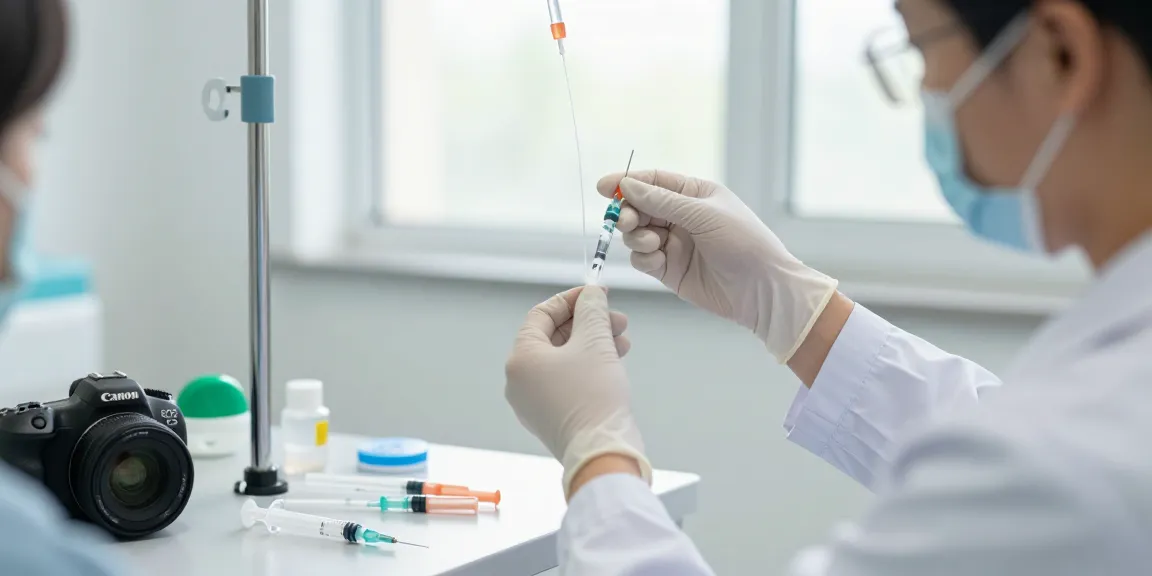 Health professional preparing an iv catheter with medical supplies in a clinical setting.