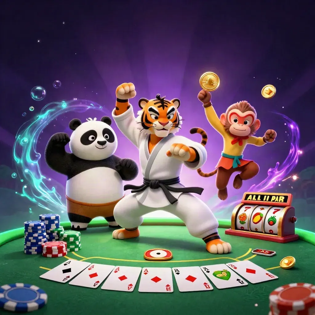 Tiger, panda, and monkey casino heroes amid glowing cards, chips, reels, and treasure.
