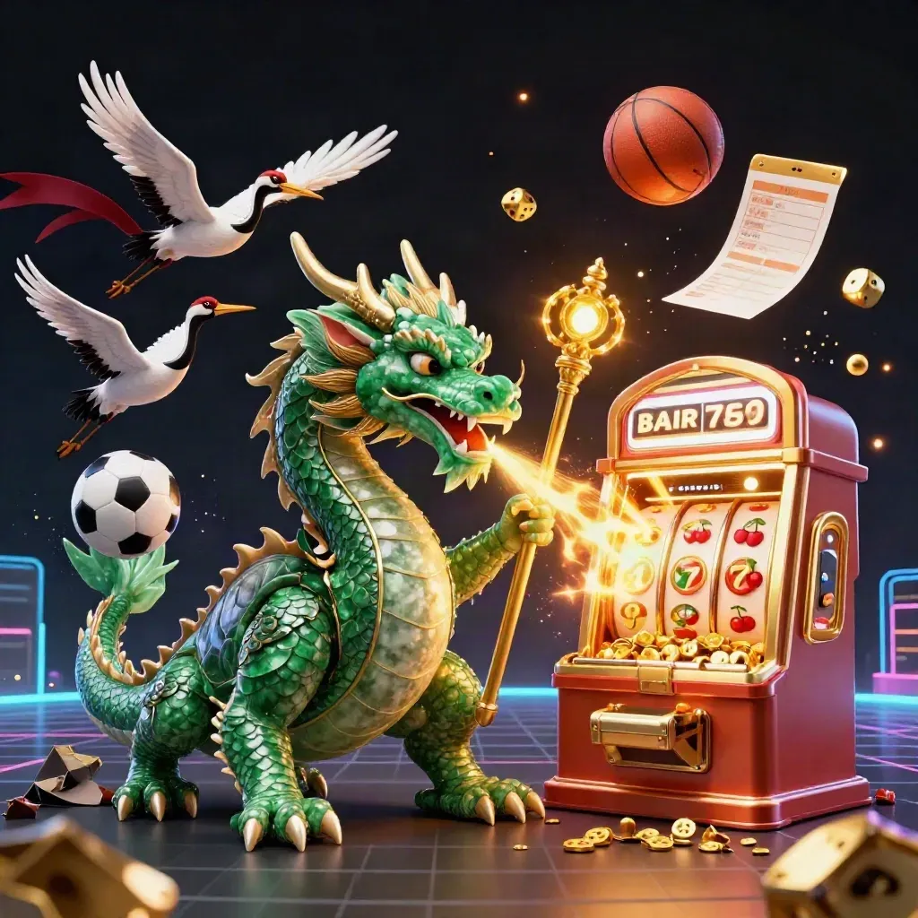Emerald dragon, turtle sage and cranes amid casino bursts, balls, dice and gold on a neon grid.