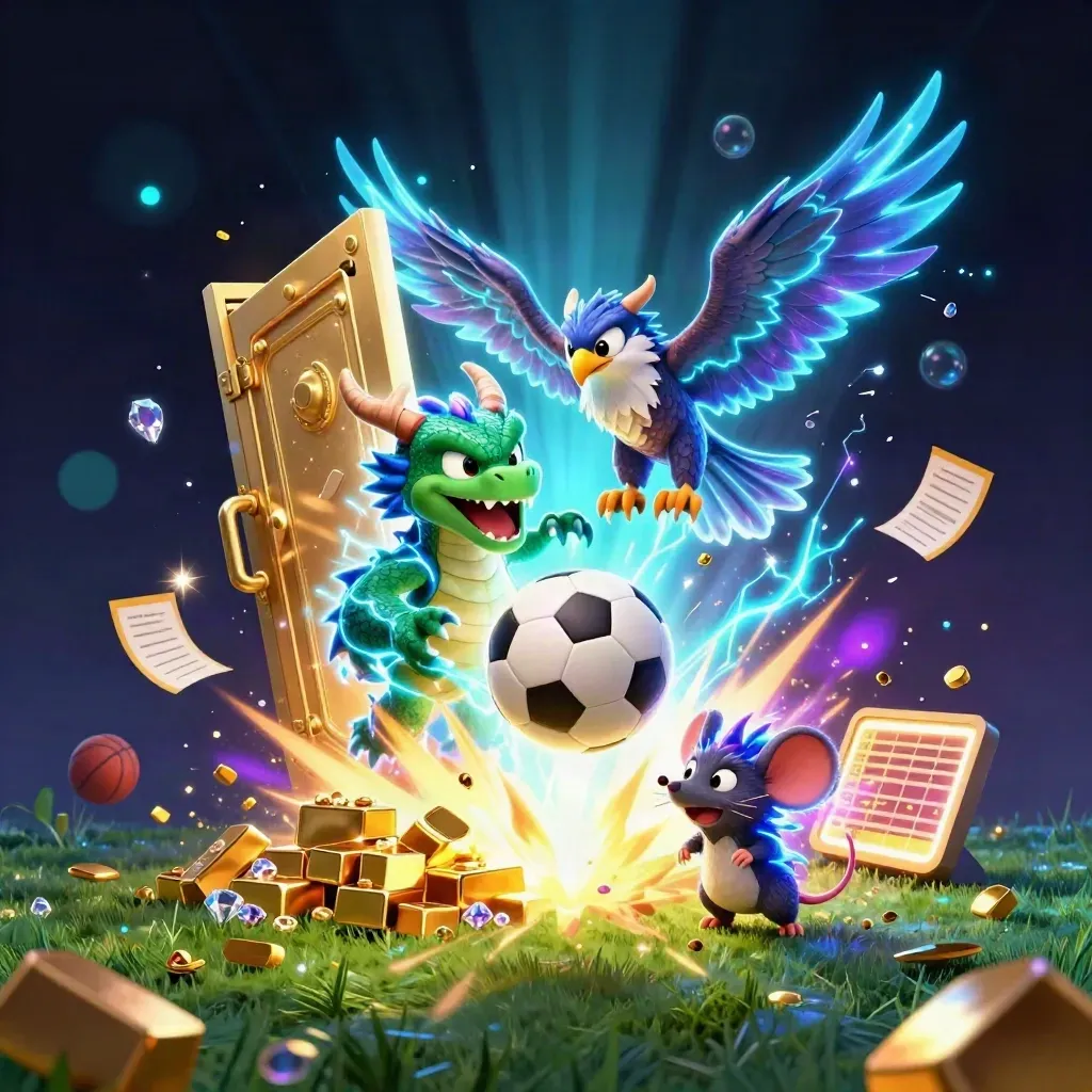 Electric dragon, hawk, and mouse burst around a glowing vault, soccer ball, and flying gold on dark navy.