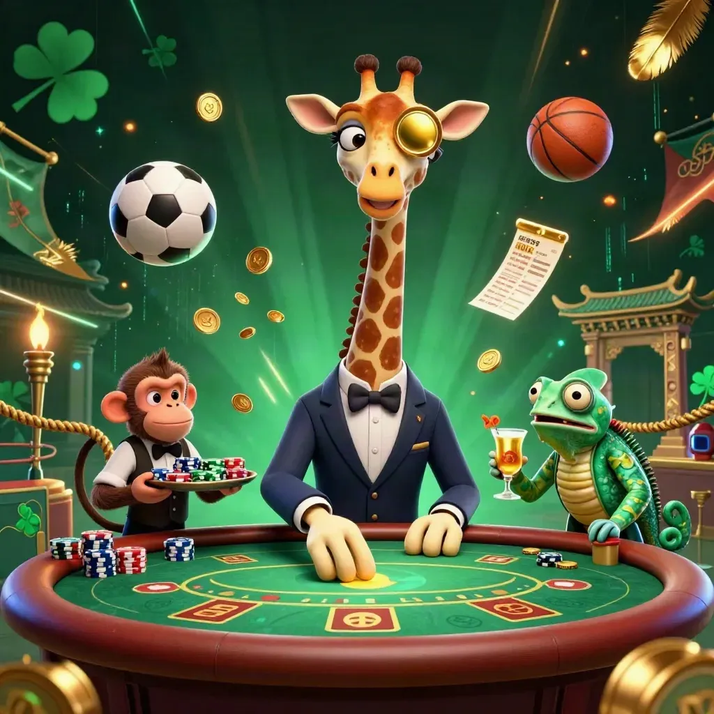 Ground-level casino sports clash with animal hosts, flying balls, coins, and neon energy.