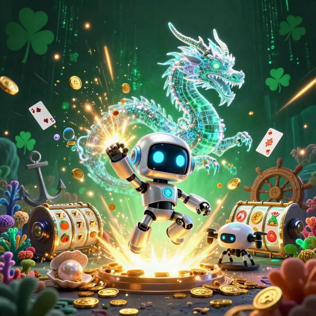 Cyberpunk robot, holographic dragon and coin drone in an emerald treasure cove, glowing with gold light.