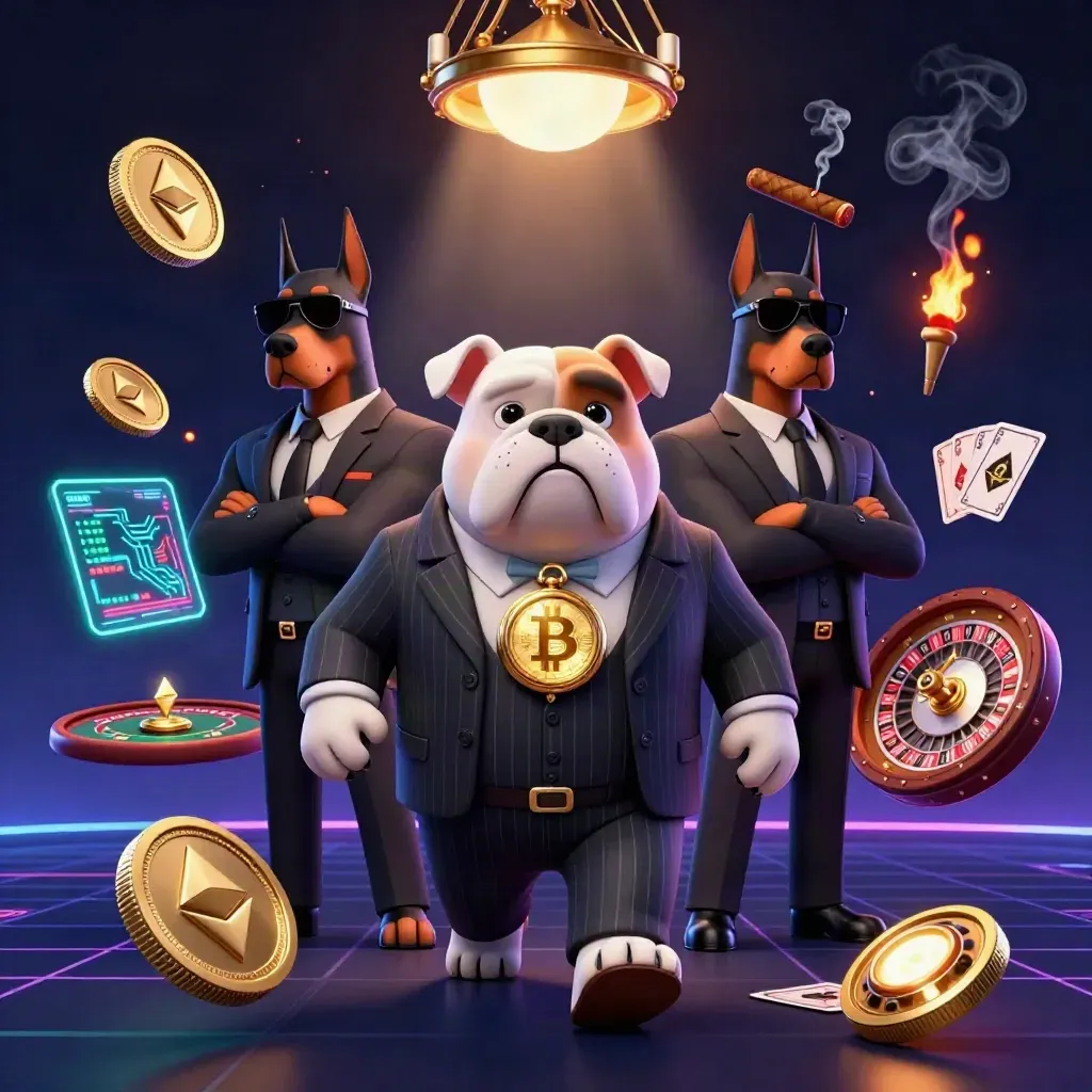 Bulldog mob boss and Dobermans in a neon casino scene with coins, charts and a spinning roulette wheel.