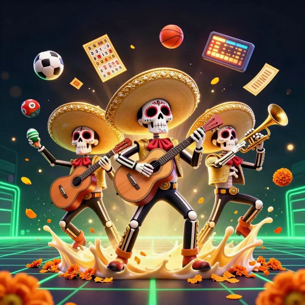Skeleton mariachi trio amid flying lottery balls, prize wheel, tickets, and casino lights.