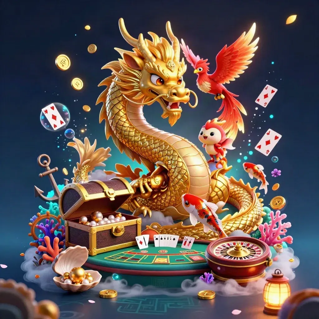 Golden dragon with phoenix over treasure cove, casino props, coins, coral, and glowing lights
