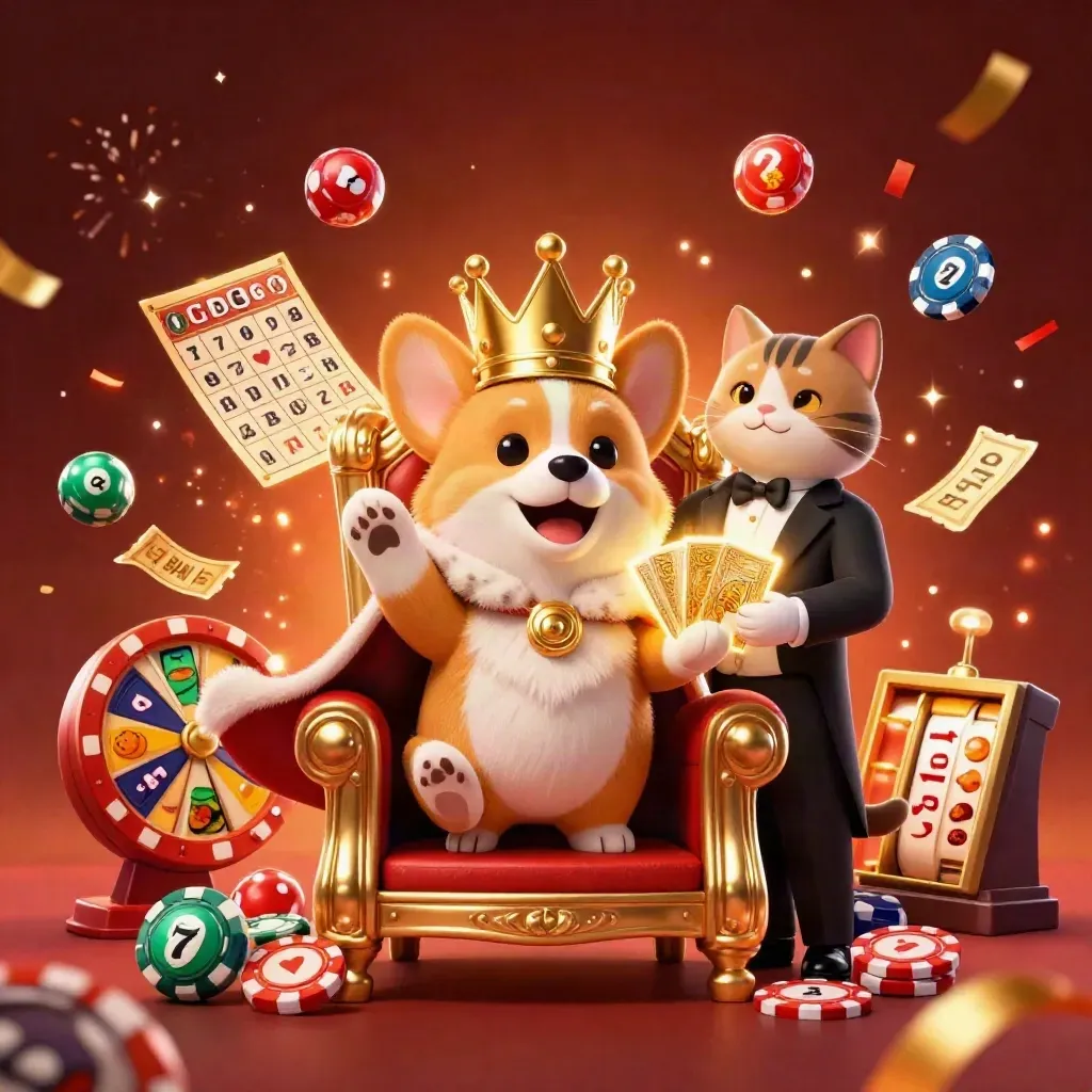Royal corgi king and cat butler amid casino prizes, confetti, fireworks, and glowing game reels.
