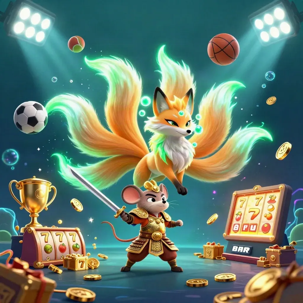 Fox spirit and armored mouse amid casino treasure, sports balls, and neon underwater glow.