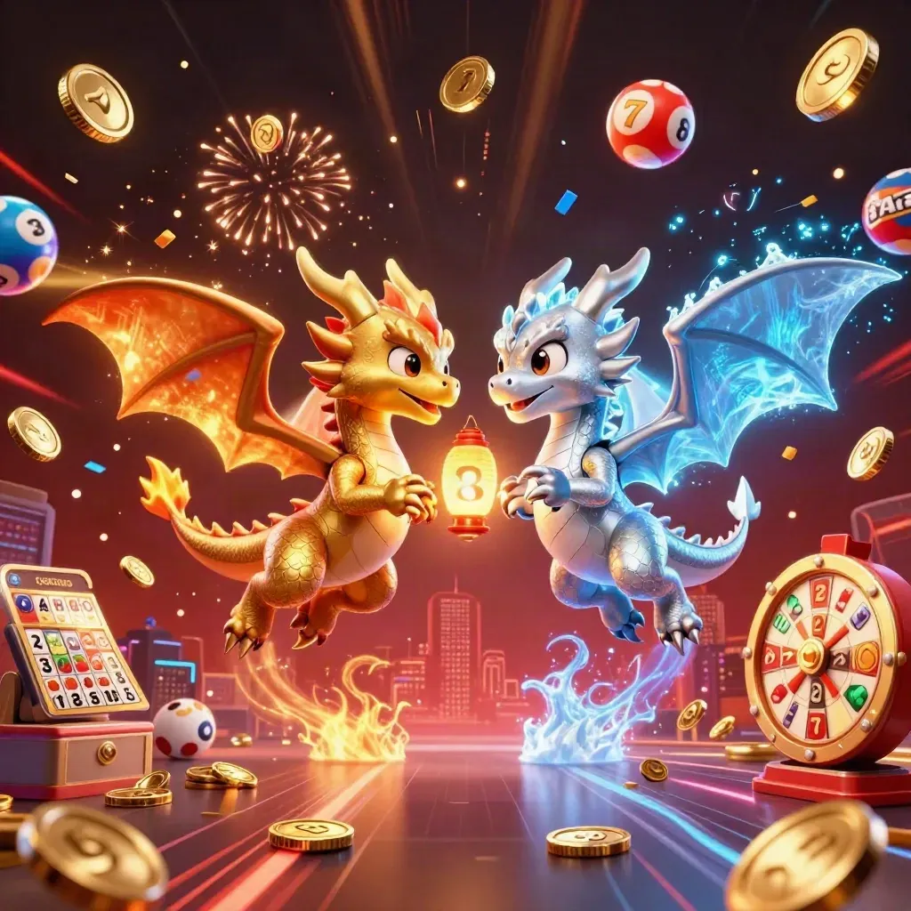 Twin dragons swirl through a coin vault burst with lottery balls, prize wheel, and fireworks.