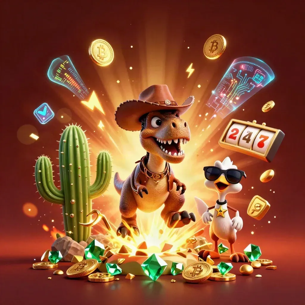 Cowboy T-Rex, cactus sidekick, and roadrunner burst through casino relics and neon coins.