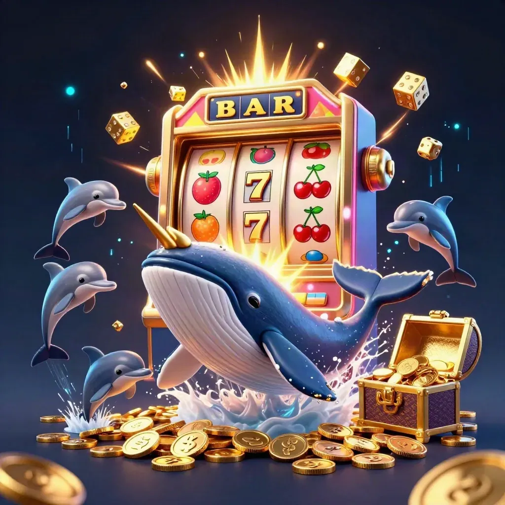 Whale captain, narwhal, and dolphins amid exploding slot-machine gold and neon energy