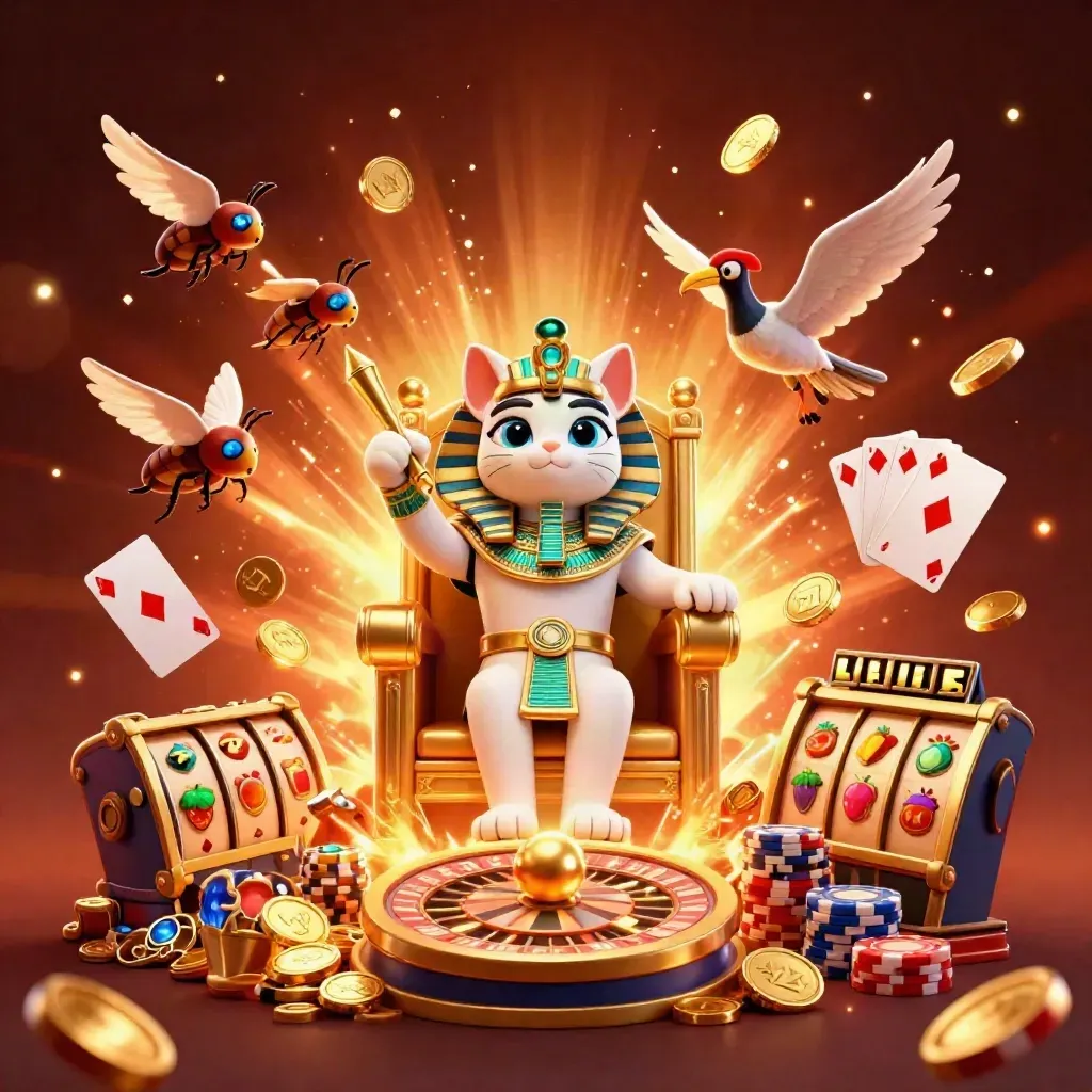 Pharaoh cat, ibis scribe, and scarab beetles amid coins, gems, roulette, chips, and fireworks.