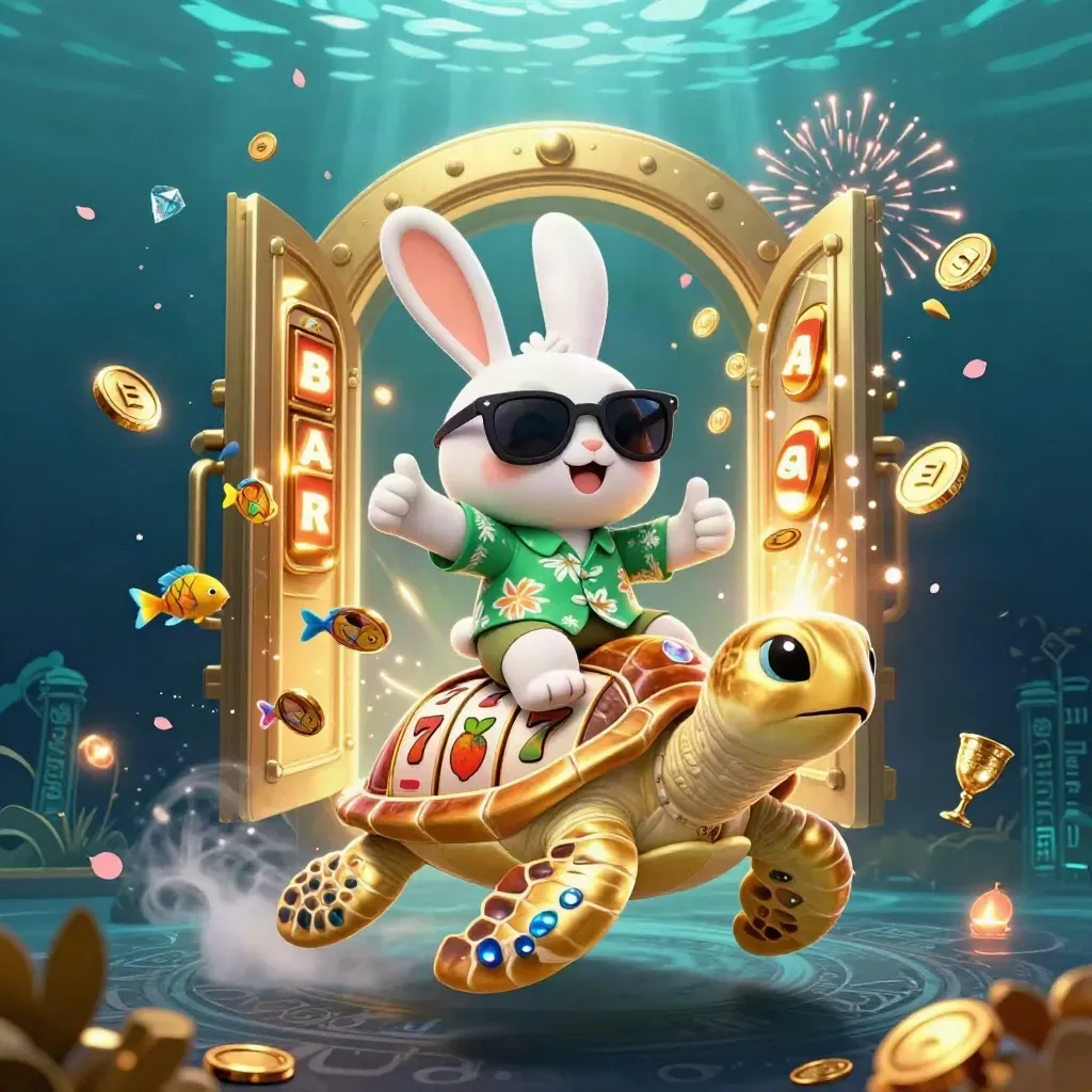 Lucky rabbit and sea turtle burst from a vault with coins, gems, fireworks, and tropical fish.