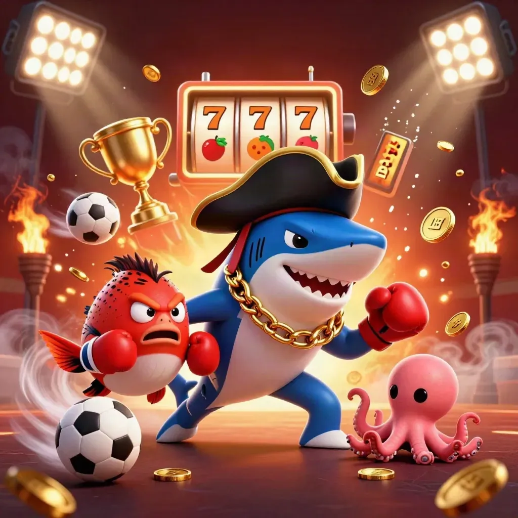 Pirate shark, boxing pufferfish, and juggling octopus amid coins, trophies, fireworks, and slot reels.
