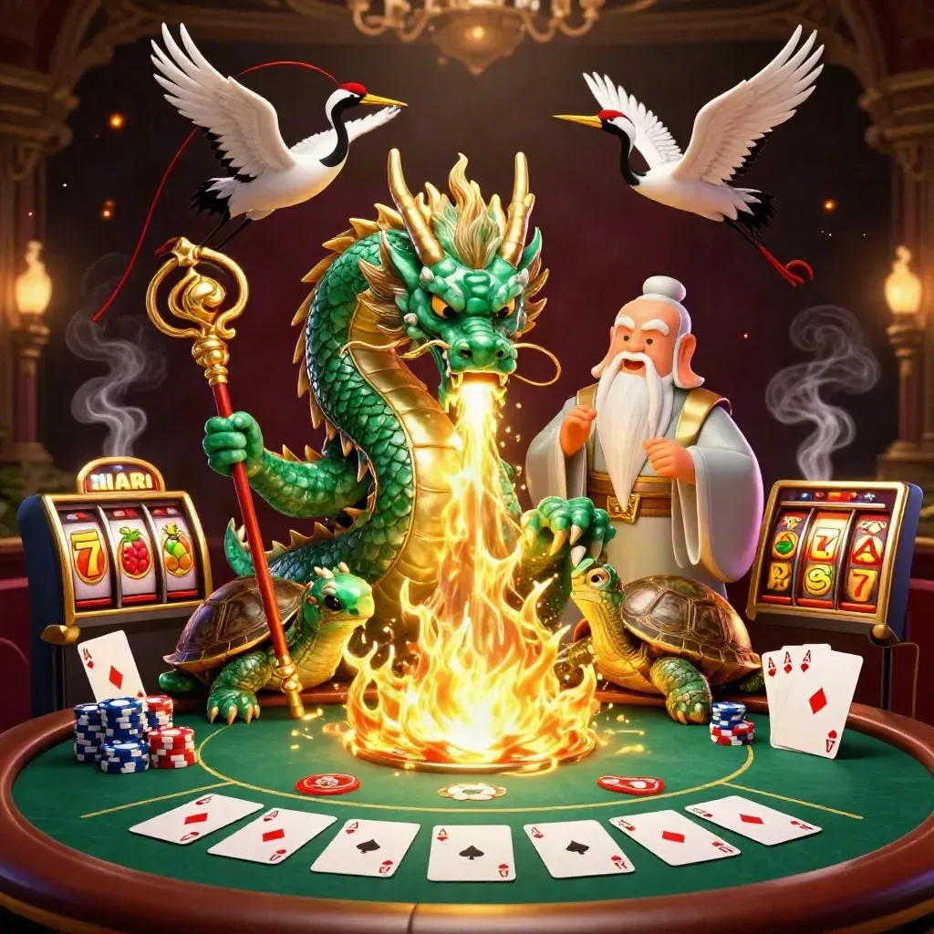 Emerald dragon with turtle sage and cranes amid casino chips, cards, fire, and gold damask lighting.