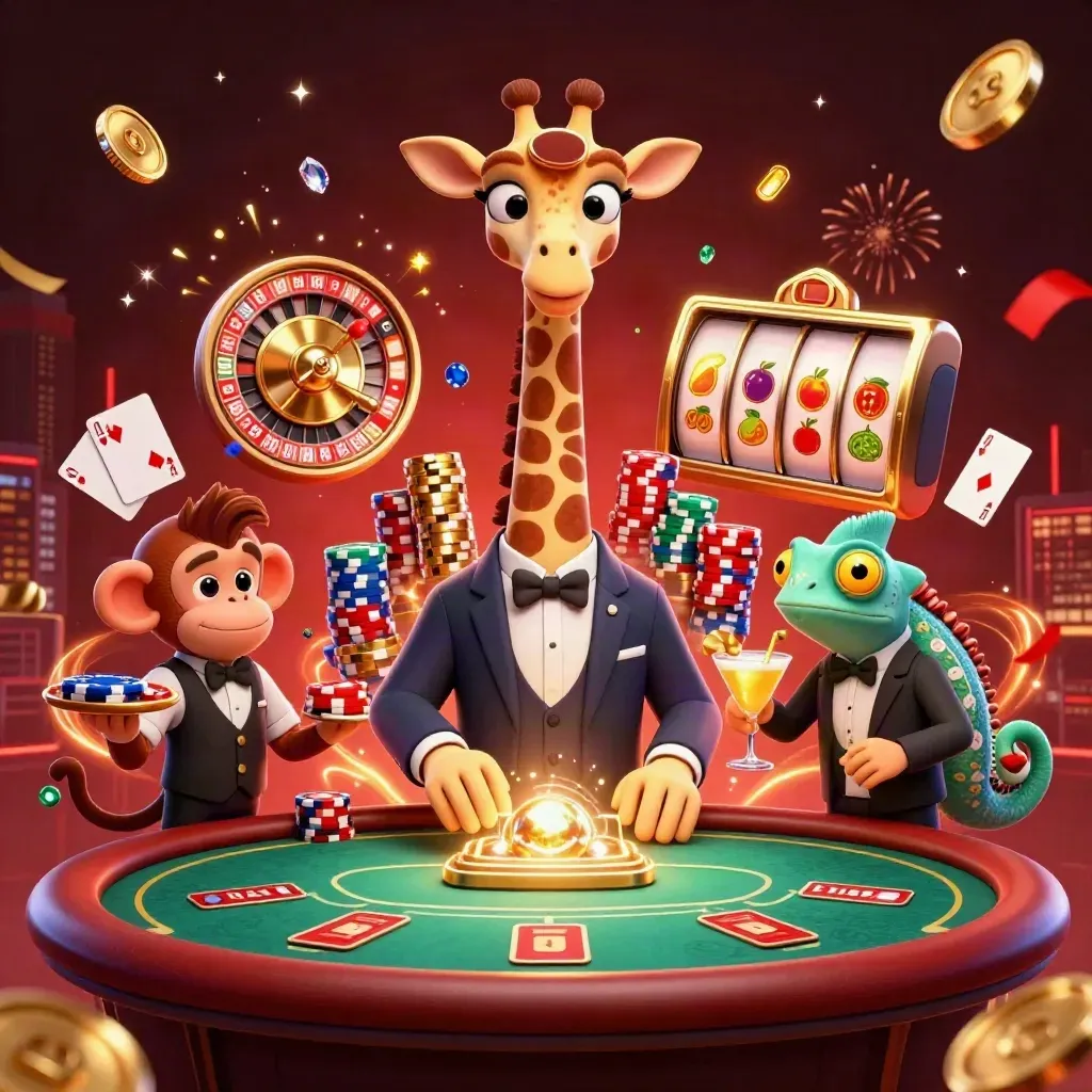 Giraffe, monkey, and chameleon at a glowing VIP poker table with coins, roulette, and chips