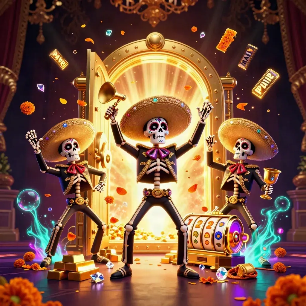 Three skeleton mariachi performers amid a vault, gold, gems, and neon casino light.