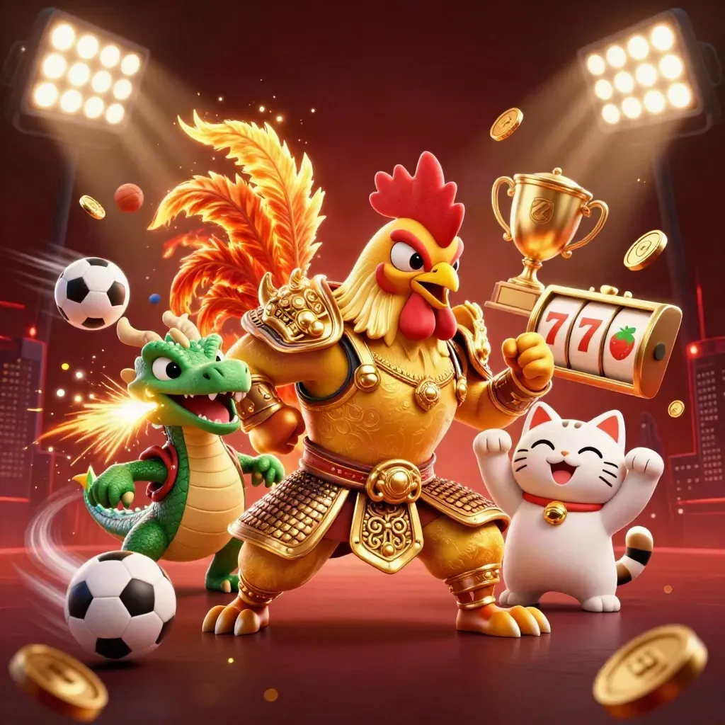 Rooster warrior, dragon hatchling and lucky cat amid casino sparks, coins and neon gold glow.