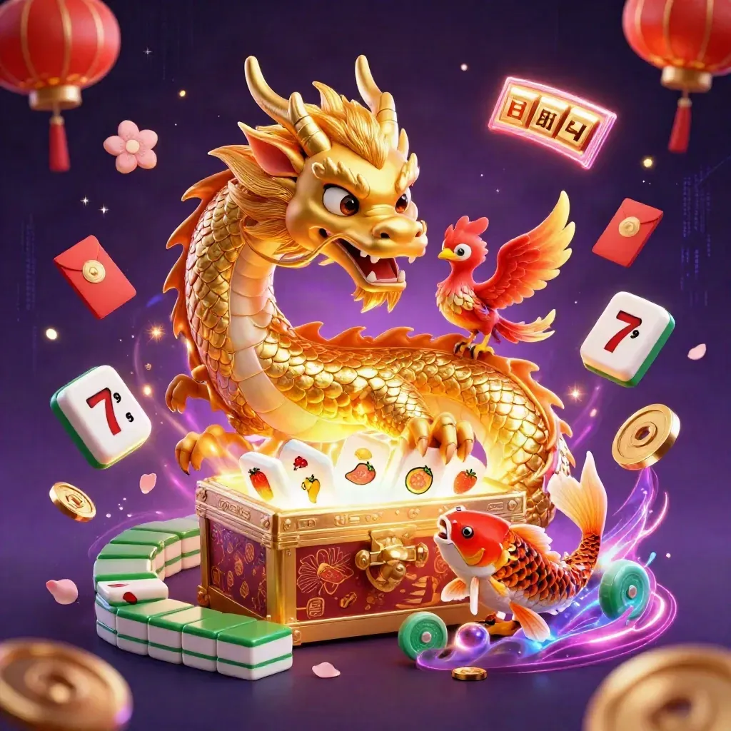 Golden dragon, phoenix, and koi with casino symbols bursting in neon light
