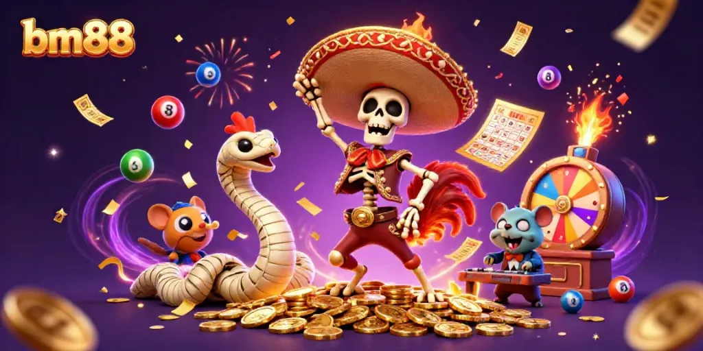Engage in fun at bm88 with a vibrant 3D casino scene filled with colorful lottery elements and cheerful characters.