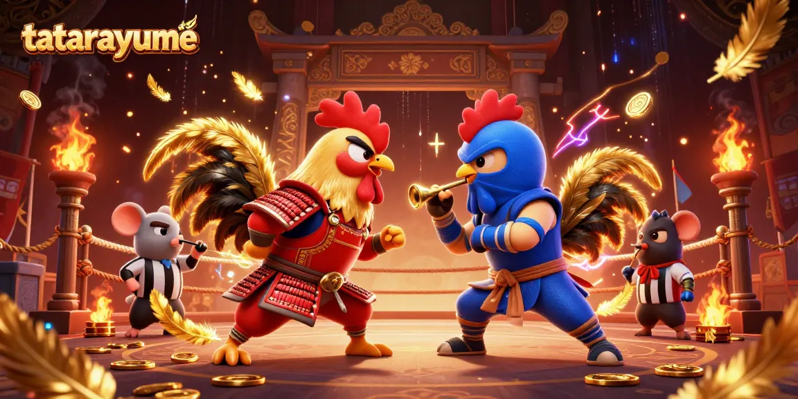Experience the excitement of tatarayume with battling roosters in a vibrant gambling arena surrounded by gold coins.