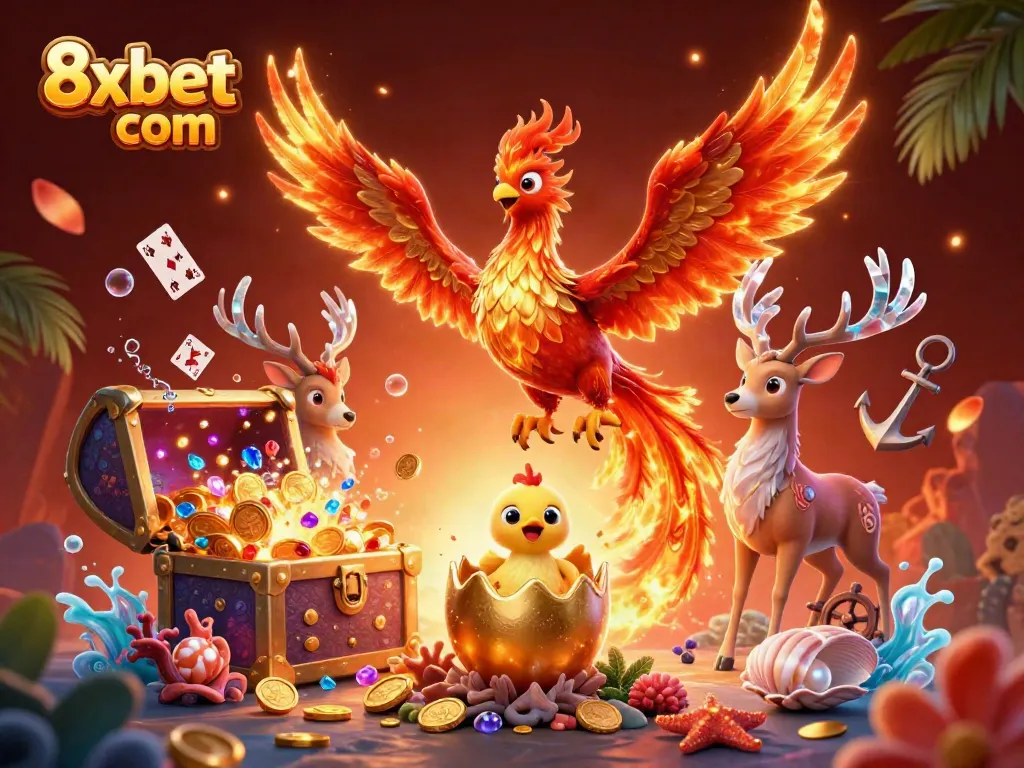 Engage with 8xbet com featuring a vibrant phoenix scene in an underwater casino theme.