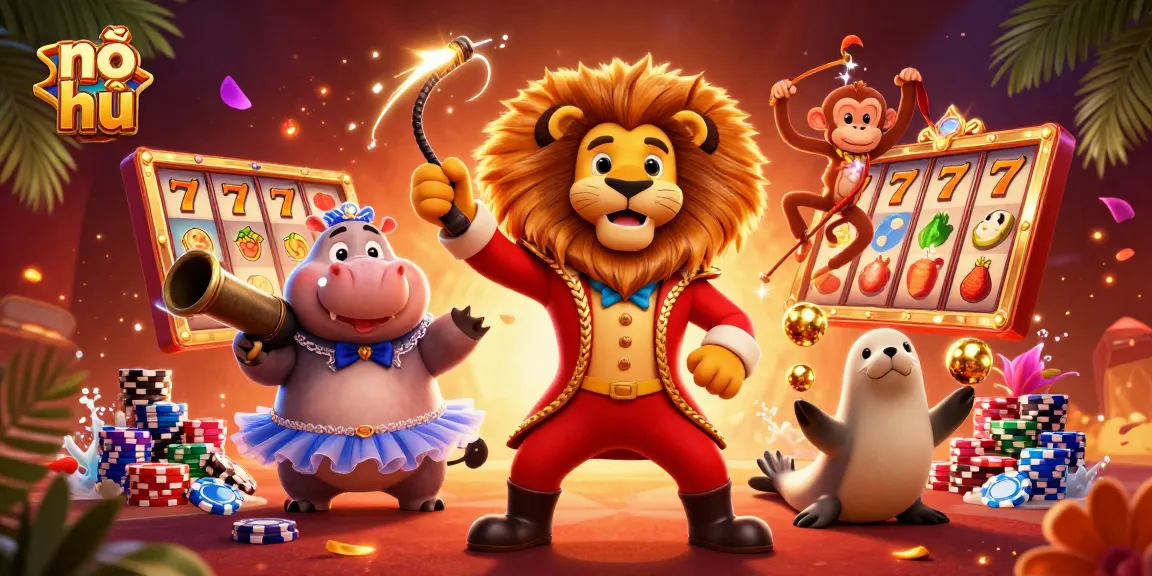 Experience the excitement of nổ hũ with vibrant slot reels and dynamic circus characters in an engaging casino scene.