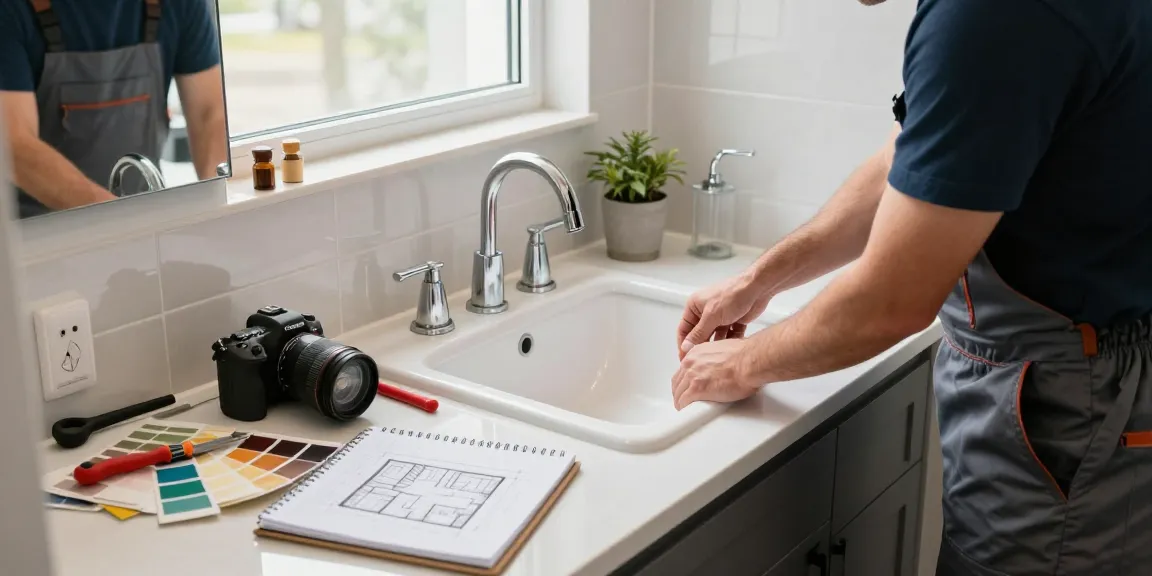 Bathroom sinks installation in Hamilton featuring a skilled installer aligning a modern sink with natural light illuminating the workspace.