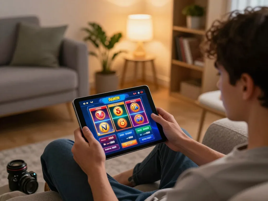 Engaging gaming scene showcasing 56WIN link on a tablet, depicting a player immersed in colorful slots and poker options in a cozy home environment.