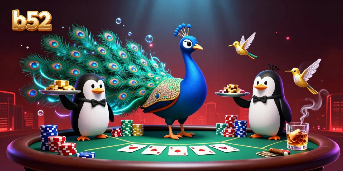 B52 casino experience with vibrant poker scene featuring an aristocratic peacock and butler penguin, engaging in card action.